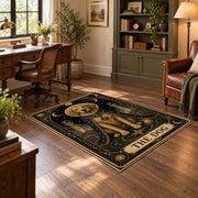 black and gold celestial lion zodiac area rug, styled product view 5