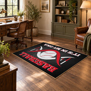 black and red motivational baseball area rug, styled product view 5