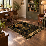 black and gold celestial ram zodiac area rug, styled product view 1