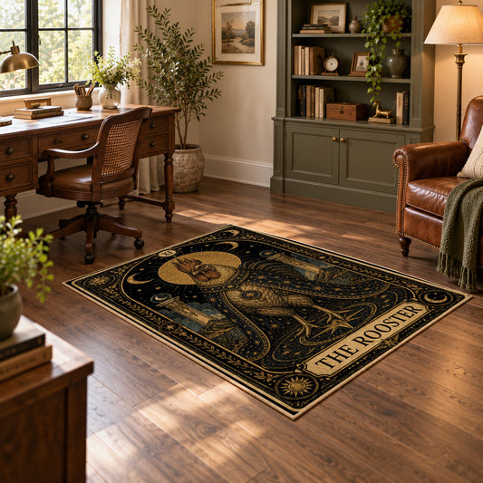 black and gold celestial ram zodiac area rug, styled product view 1