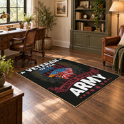 black patriotic military veteran eagle area rug, styled product view 5