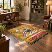 distressed gold military service tribute area rug, styled product view 4