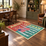 red and green vintage army veteran service area rug, styled product view 5