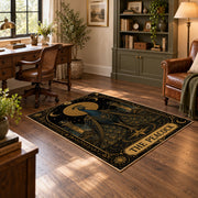 black and gold celestial bull zodiac area rug, styled product view 5