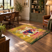 distressed yellow retro motorcycle adventure vintage area rug, styled product view 5