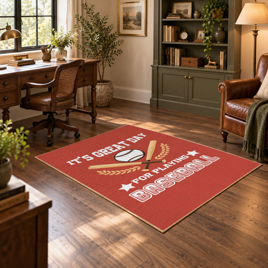 red baseball season quote vintage sports area rug, styled product view 1