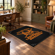 black orange vintage mechanic quote workshop area rug, styled product view 5