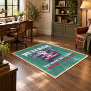 teal red veteran tribute patriotic vintage area rug, styled product view 5