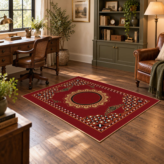red gold ornate mandala vintage boho area rug, styled product view 1