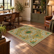 green gold geometric mandala vintage mosaic area rug, styled product view 5
