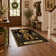 black and gold celestial lion zodiac area rug, styled product view 6