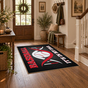 black and red motivational baseball area rug, styled product view 6