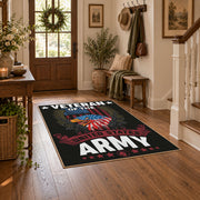 black patriotic military veteran eagle area rug, styled product view 1