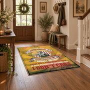 distressed gold military service tribute area rug, styled product view 5