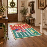 red and green vintage army veteran service area rug, styled product view 6