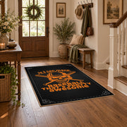 black orange vintage mechanic quote workshop area rug, styled product view 6