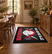 black and red motivational baseball area rug, styled product view 7