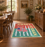 red and green vintage army veteran service area rug, styled product view 7