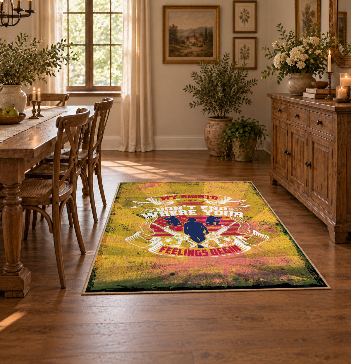 distressed yellow retro motorcycle adventure vintage area rug, styled product view 1