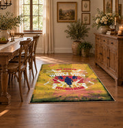 distressed yellow retro motorcycle adventure vintage area rug, styled product view 1