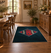 dark blue retro football fan vintage sports area rug, styled product view 7