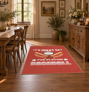 red baseball season quote vintage sports area rug, styled product view 6