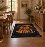 black orange vintage mechanic quote workshop area rug, styled product view 7