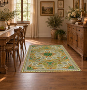 green gold geometric mandala vintage mosaic area rug, styled product view 7