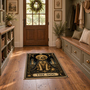 black and gold celestial lion zodiac area rug, styled product view 8