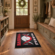 black and red motivational baseball area rug, styled product view 1