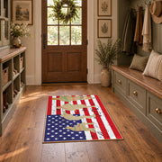 patriotic soldier silhouette and distressed flag area rug, styled product view 7