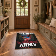 black patriotic military veteran eagle area rug, styled product view 7
