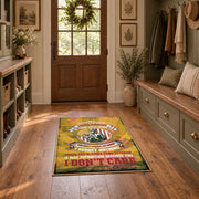 distressed gold military service tribute area rug, styled product view 7
