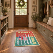 red and green vintage army veteran service area rug, styled product view 8