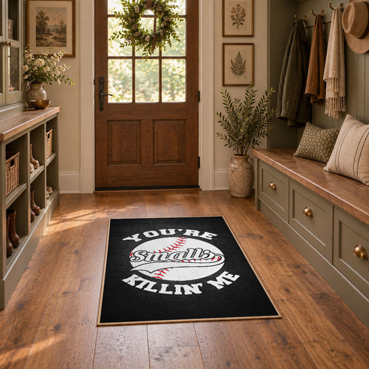 motivational baseball black white vintage sports area rug, styled product view 1