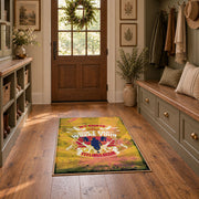 distressed yellow retro motorcycle adventure vintage area rug, styled product view 7