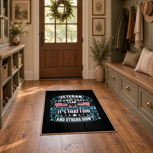 black blue patriotic veteran eagle vintage military area rug, styled product view 1