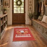 red baseball season quote vintage sports area rug, styled product view 7