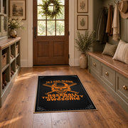 black orange vintage mechanic quote workshop area rug, styled product view 8