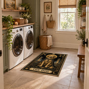 black and gold celestial lion zodiac area rug, styled product view 9