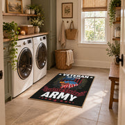 black patriotic military veteran eagle area rug, styled product view 8