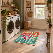 red and green vintage army veteran service area rug, styled product view 9