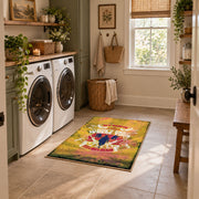 distressed yellow retro motorcycle adventure vintage area rug, styled product view 8