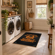 black orange vintage mechanic quote workshop area rug, styled product view 1