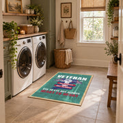 teal red veteran tribute patriotic vintage area rug, styled product view 8
