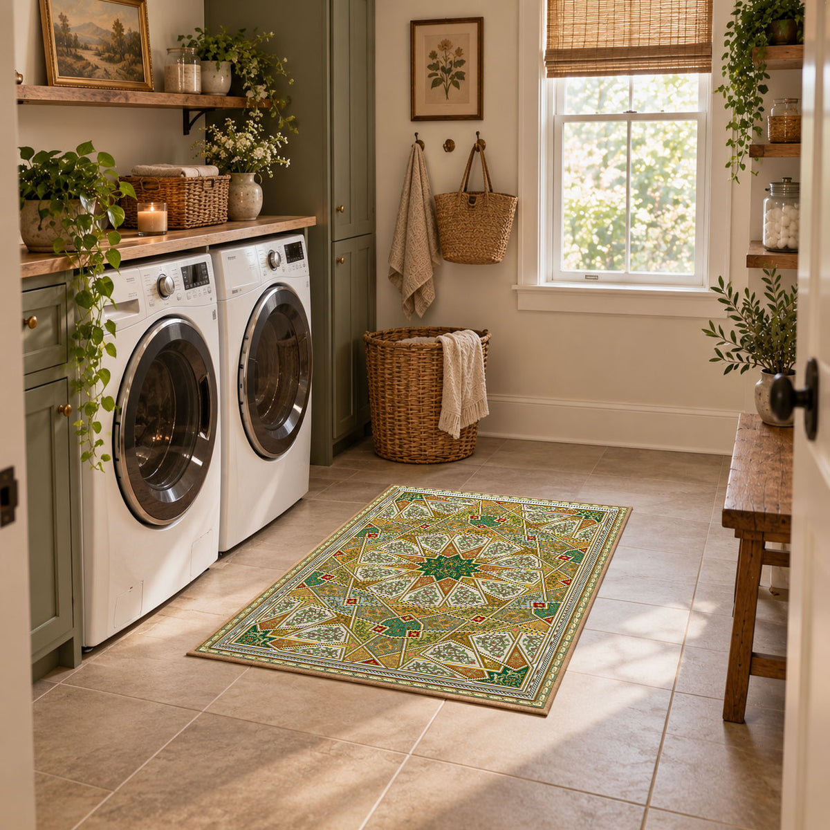 green gold geometric mandala vintage mosaic area rug, styled product view 1