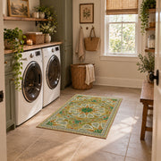 green gold geometric mandala vintage mosaic area rug, styled product view 1