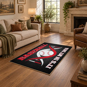 black and red motivational baseball area rug, styled product view 9