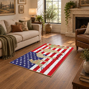 patriotic soldier silhouette and distressed flag area rug, styled product view 9