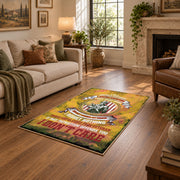 distressed gold military service tribute area rug, styled product view 9
